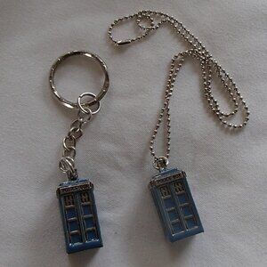Dr. Who 3D Tardis Ball Chain Necklace Key & Chain Set of 2 New Modified Blue